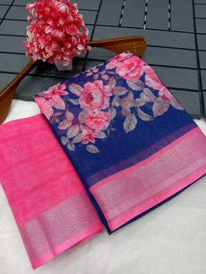 M MAANVIT Printed Kanjivaram Pure Cotton, Cotton Linen Saree(Dark Blue, Pink)