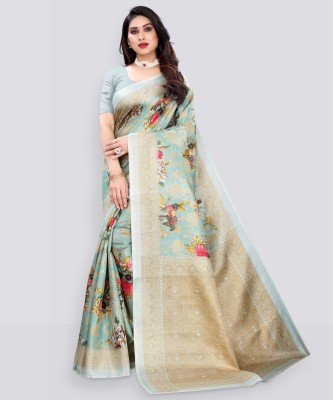 SAARA Printed, Striped, Geometric Print, Floral Print Banarasi Cotton Silk Saree(Light Green)