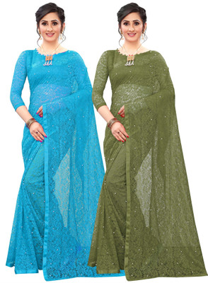 LOROFY Self Design Bollywood Net Saree(Pack of 2, Multicolor)