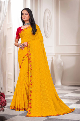 Laxmipati sarees Embroidered Bollywood Silk Blend Saree(Yellow)