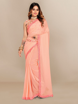 Vrati Creation Solid/Plain Bollywood Georgette Saree(Cream)