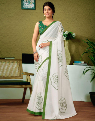 Tasrika Printed Sambalpuri Chanderi, Cotton Blend Saree(Green)
