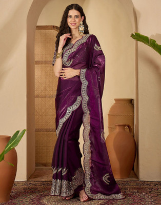Satrani Embroidered, Embellished Bollywood Tissue, Jimmy choo Saree(Purple)