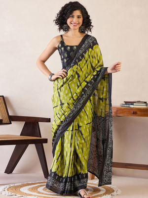 Anouk Rustic Printed Pre Draped Saree Cotton Blend Saree(Light Green, Black)