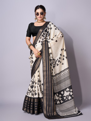 Sanwariya Silks Printed Chanderi Art Silk Saree(Black)