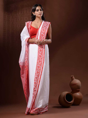 mou sarees Printed Handloom Pure Cotton Saree(White)