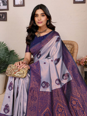 AVANTIKA FASHION Woven Kanjivaram Pure Silk, Art Silk Saree(Dark Blue, Purple)