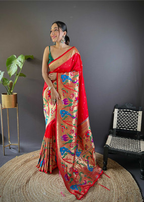 Pandadi Saree Woven Paithani Cotton Silk Saree(Red)