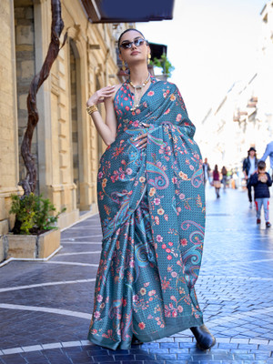 Sareemall Digital Print Sambalpuri Satin, Silk Blend Saree(Dark Blue)