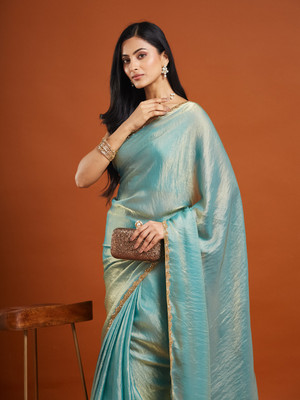 OMICRON FAB Solid/Plain Bollywood Chiffon Saree(Light Blue)