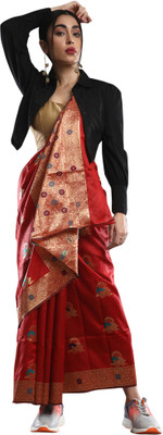 Akhilam Woven Banarasi Silk Blend Saree(Red)