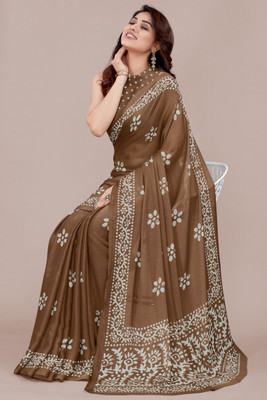 MIRCHI FASHION Printed, Blocked Printed Hand Batik Chiffon, Georgette Saree(Brown, Grey)