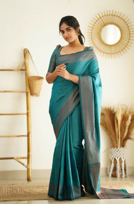 Quelea Solid/Plain Banarasi Silk Blend, Polyester Saree(Light Green)
