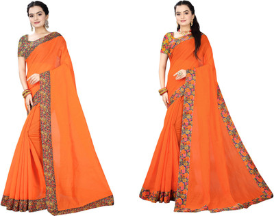 manish Solid/Plain Chanderi Cotton Blend Saree(Pack of 2, Orange)
