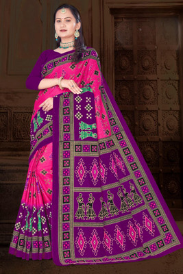 Sumit Textiles Printed Sambalpuri Cotton Blend Saree(Purple, Pink)