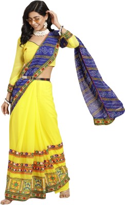 SERONA FABRICS Self Design, Embroidered, Printed Bandhani Georgette Saree(Blue, Yellow)