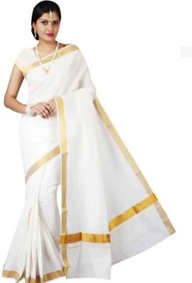 ANTIK Solid/Plain Kasavu Cotton Silk Saree(White)