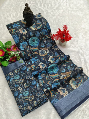 Gajal Digital Print Kanjivaram Pure Cotton, Cotton Linen Saree(Dark Blue)