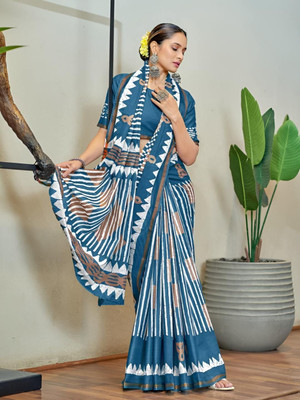 Munir Clothing Printed Daily Wear Cotton Blend Saree(Blue)