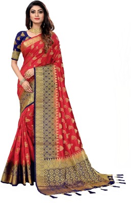 SSP TEX Woven Kanjivaram Silk Blend, Pure Silk Saree(Dark Blue, Red)