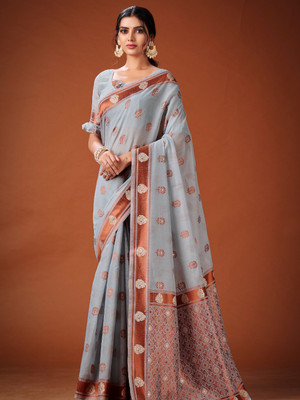KARAGIRI Floral Print Bollywood Cotton Blend Saree(Grey)