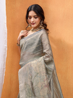 DOI MOI Printed Bollywood Tissue Saree(Dark Green)