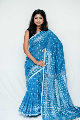 HANDLOOM SAREE BUTQ Woven Jamdani Pure Cotton Saree(Blue)