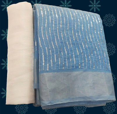 Druxy Striped Bollywood Chanderi, Cotton Silk Saree(Light Blue)
