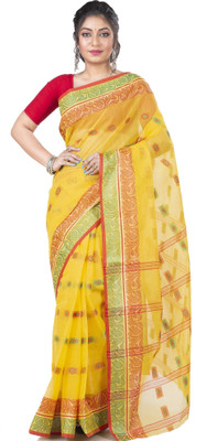 PuJoy Self Design, Woven Tant Pure Cotton Saree(Yellow)