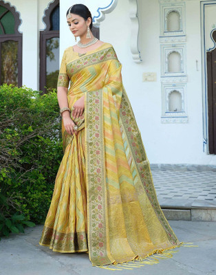 HEMS CREATION Self Design Banarasi Organza Saree(Yellow)