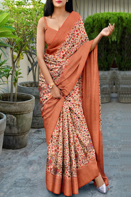 JERAVI Enterprise Digital Print Kanjivaram Jacquard, Silk Blend Saree(Orange)