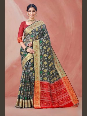 Manokamna Woven Patola Silk Blend Saree(Grey)