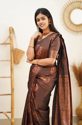 Sidhidata Woven Banarasi Jacquard, Silk Blend Saree(Brown)