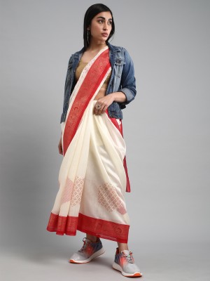 Sareemall Woven Banarasi Cotton Blend Saree(Cream)