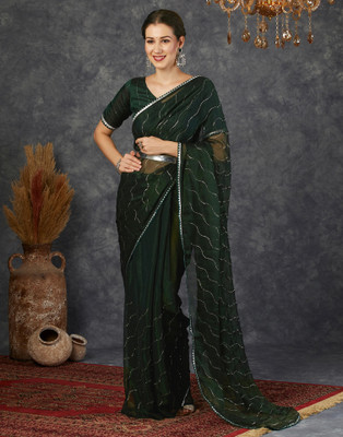 Samah Dyed, Embellished Bollywood Jimmy choo, Chiffon Saree(Dark Green, Silver)