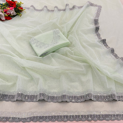 VarniRaaj Fashion Embellished Bollywood Supernet Saree(Light Green)