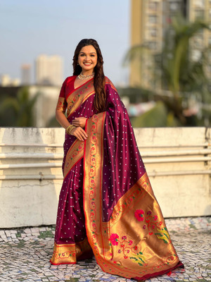 all about you Woven Paithani Silk Blend Saree(Purple)