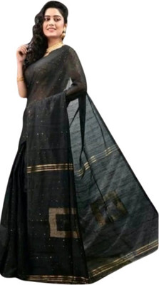 Bikash Dutta Fashion Self Design Handloom Cotton Silk Saree(Black)