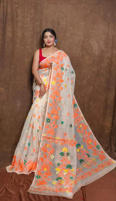 Lakshmi Boutique Self Design Jamdani Cotton Blend Saree(Multicolor)