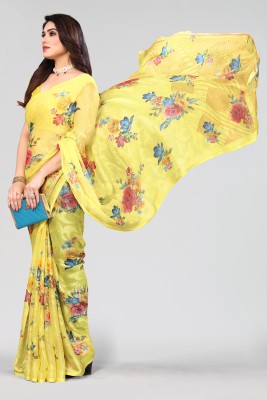 Winza Designer Floral Print, Printed Bollywood Chiffon, Brasso Saree(Yellow)