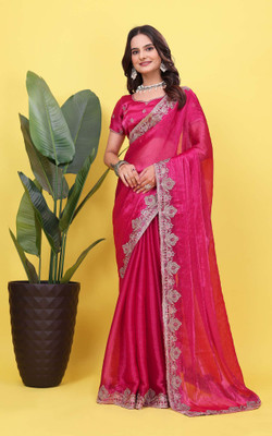 LH ENTERPRISE Embroidered, Self Design, Embellished Bollywood Silk Blend Saree(Pink)