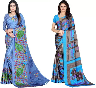 Leelavati Printed Bollywood Crepe Saree(Pack of 2, Grey, Multicolor)
