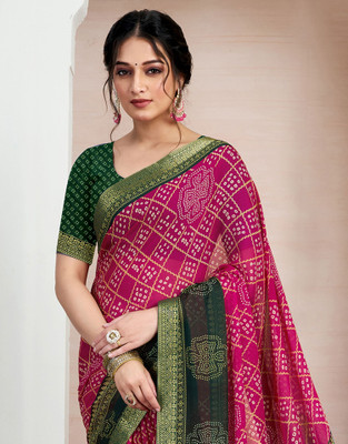 Samah Printed, Embellished Bandhani Chiffon, Georgette Saree(Green, Pink)