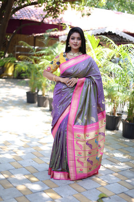 sarjan creation Woven Paithani Pure Cotton Saree(Purple)