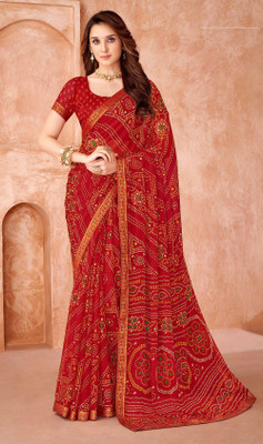 REBOOT FASHIONS Geometric Print Bandhani Chiffon Saree(Red)