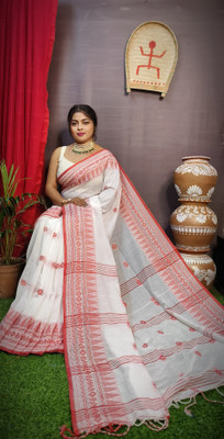 Anjali textile Self Design Handloom Cotton Blend Saree(White, Red)