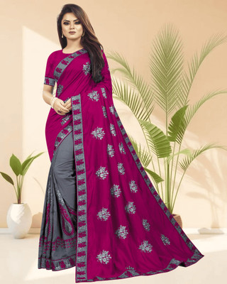 SHOBHTESH Embroidered Madhubani Silk Blend, Net Saree(Magenta, Grey)