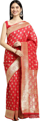 Akhilam Embroidered Dharmavaram Silk Blend Saree(Red)