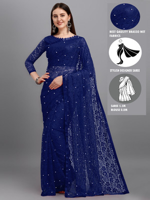 LOROFY Self Design Bollywood Net Saree(Dark Blue)