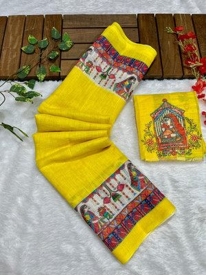 FULIYA SILK Digital Print Madhubani Linen Saree(Yellow)